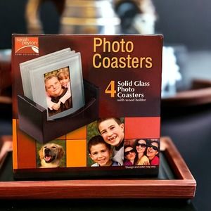 Sarah Peyton Home Glass Photo Coasters with Wood Holder New Open Box 4 pc